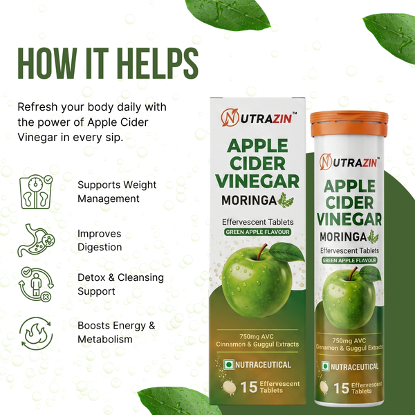 Apple Cider Vinegar Moringa Effervescent Tablets | Green Apple Flavour | 750mg ACV | 15 Tablets