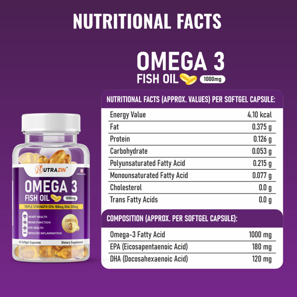 Omega-3 Fish Oil Capsules - 1000mg High Strength with 180mg EPA & 120mg DHA - 60 Capsules