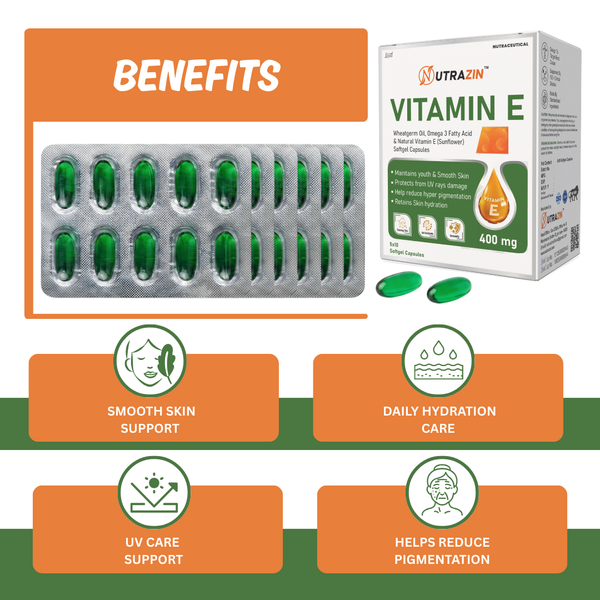 Nutrazin Vitamin E 400mg Softgel Capsules β Skin Glow, Antioxidant & Immunity Support