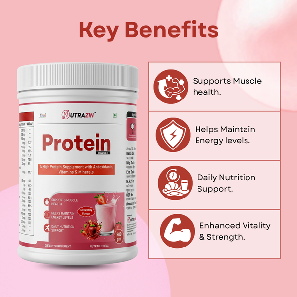 Protein Powder Strawberry Flavour | High Protein Supplement for Muscle Support & Daily Nutrition | 200g