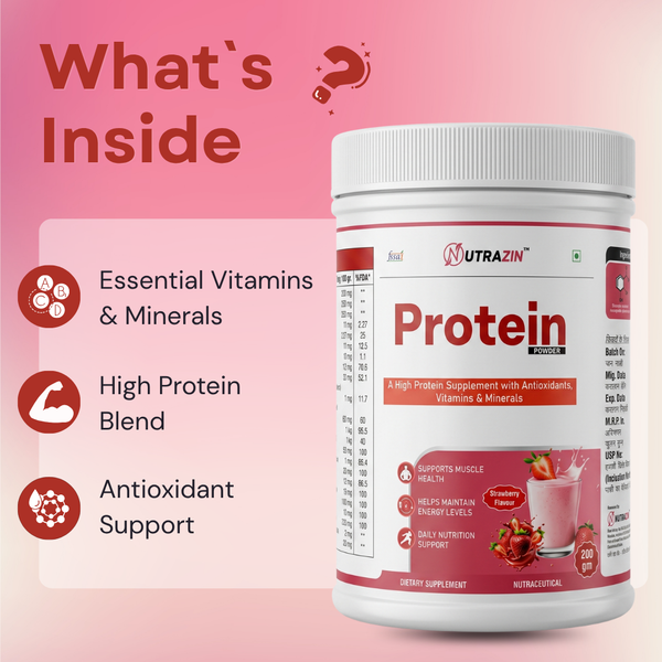 Protein Powder Strawberry Flavour | High Protein Supplement for Muscle Support & Daily Nutrition | 200g