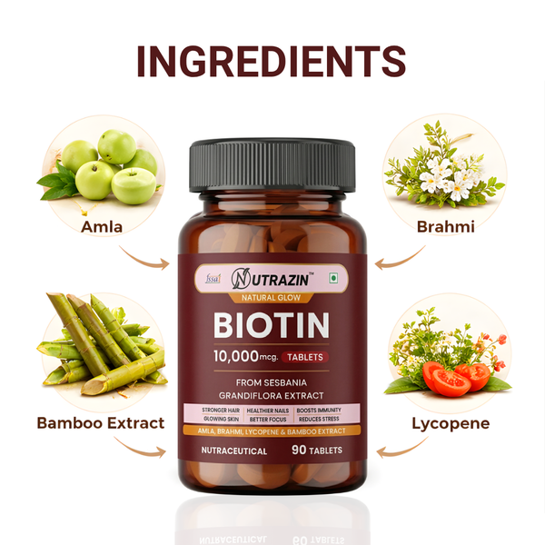Biotin 10000mcg Tablets with Sesbania Grandiflora, Amla, Brahmi & Bamboo Extract | 90 Tablets