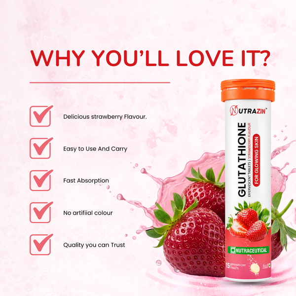 Glutathione Effervescent Tablets Strawberry Flavour | Antioxidant Supplement for Glowing Skin | 15 Tablets